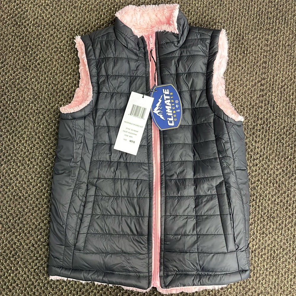 Girls black vest pink fur line size M 7/8 NWT. 2 available